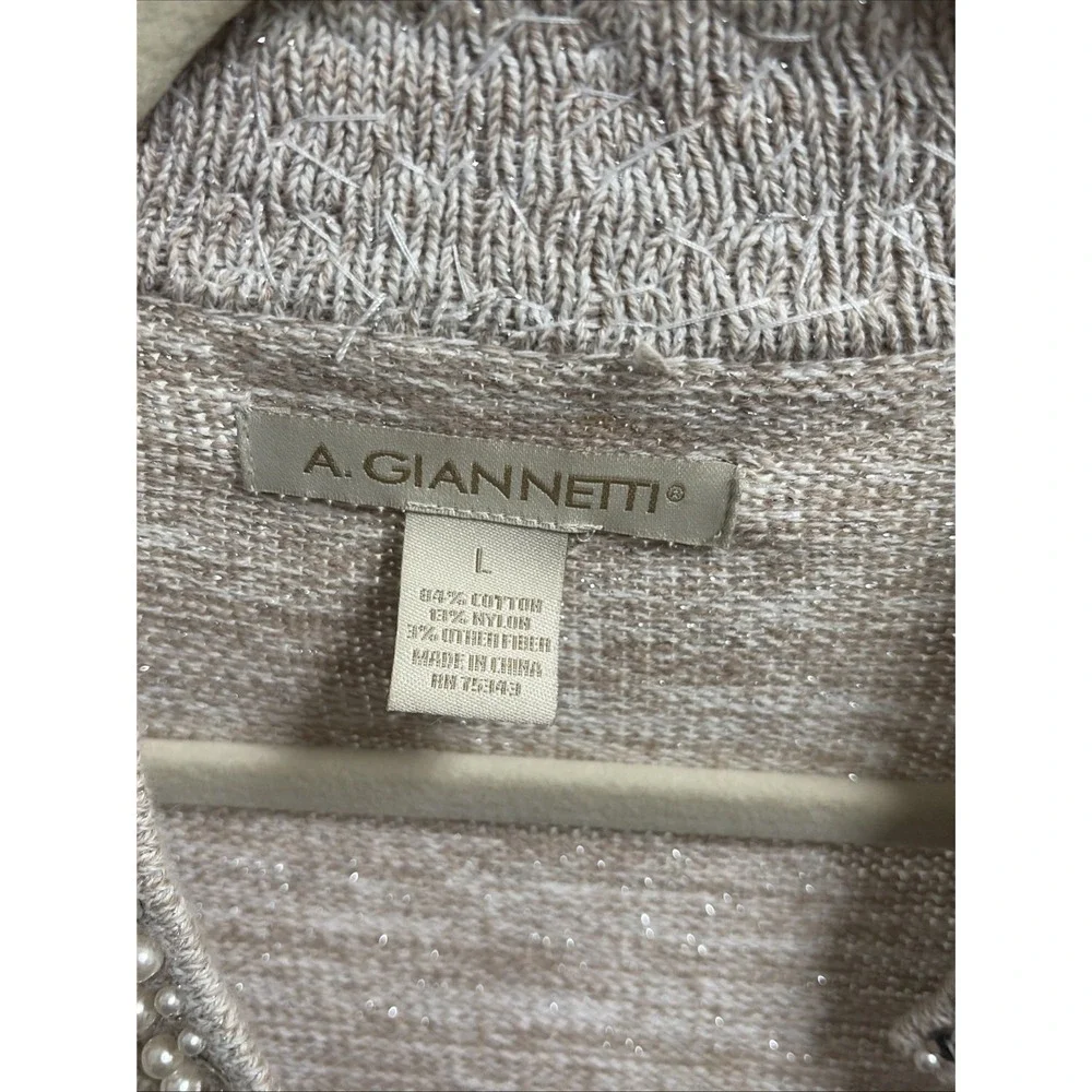 A. Giannetti Open Front Cardigan Womens Tan Pearl Sequin Cotton Blend Size L